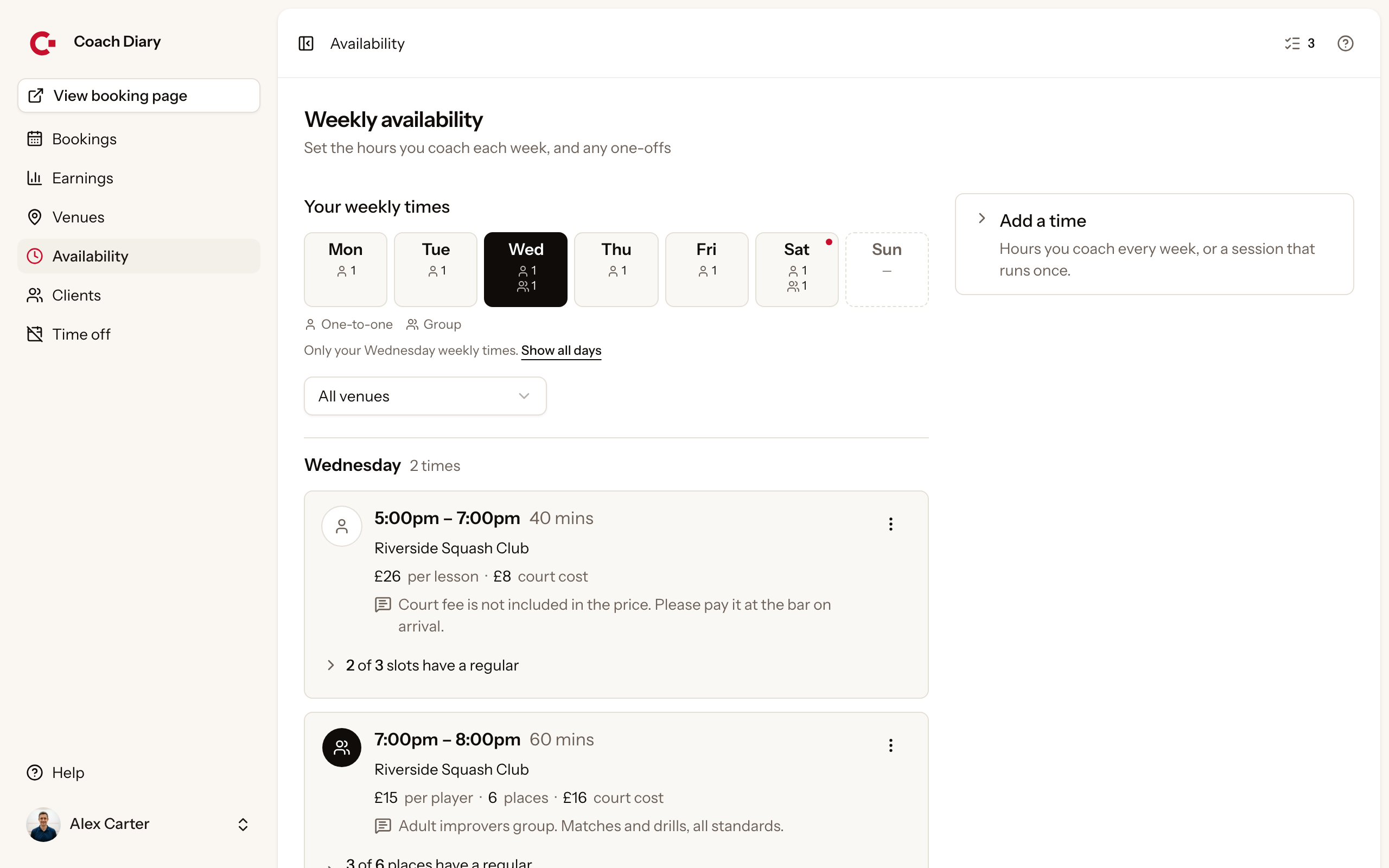 The Weekly availability page: each weekly time with its venue, lesson length and price, the first one opened to show its four slots, the two players who have a regular lesson on them, and an Add beside the two that are free.