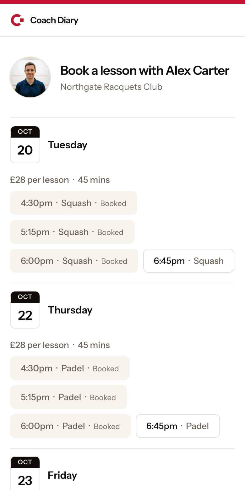 The booking page for one venue on a phone: the days ahead, each with its price and lesson length, and the free times to tap, with the taken ones marked booked.