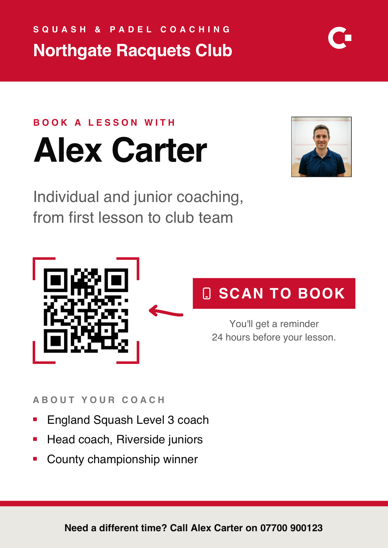 An A4 poster headed Book a lesson with the coach’s name, a QR code, three lines about the coach and a phone number.