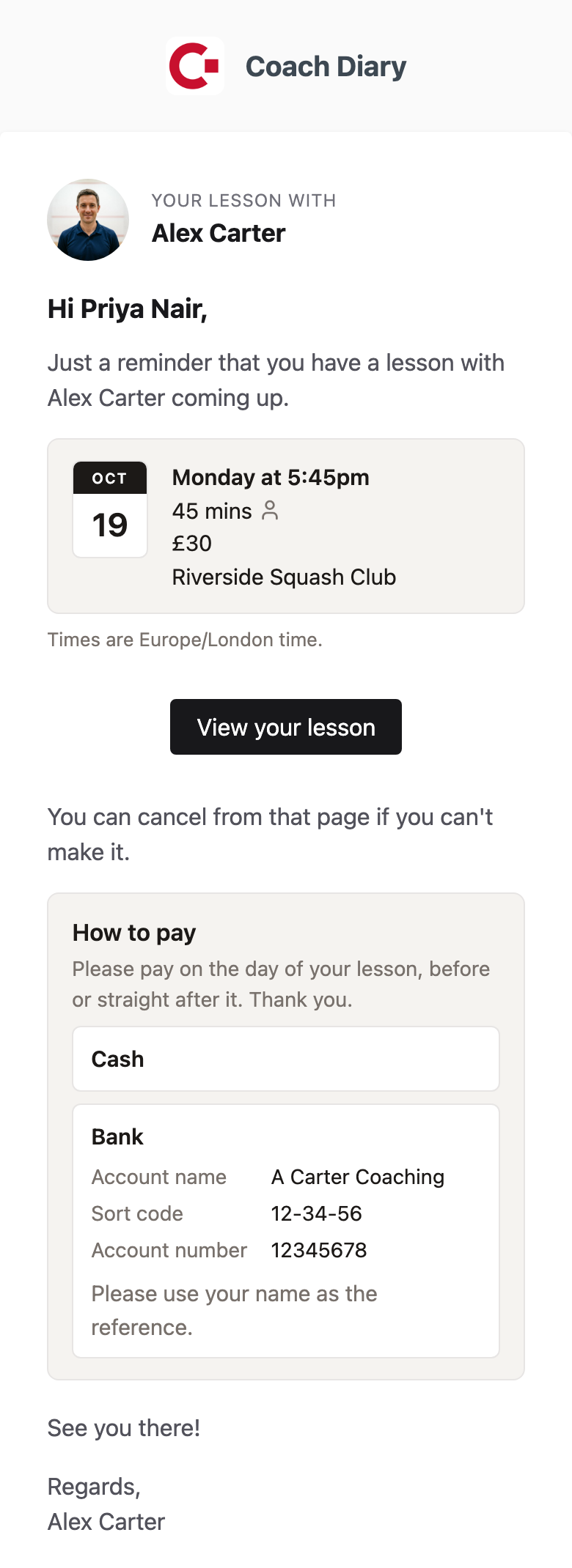 The 24-hour reminder email on a phone: the coach’s photo and name, the lesson on its date tile with the time, length, price and club, how to pay, and a link to view or cancel the booking.